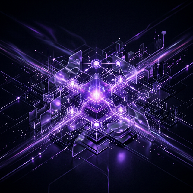 Dark high-tech digital infrastructure centered around AI core
