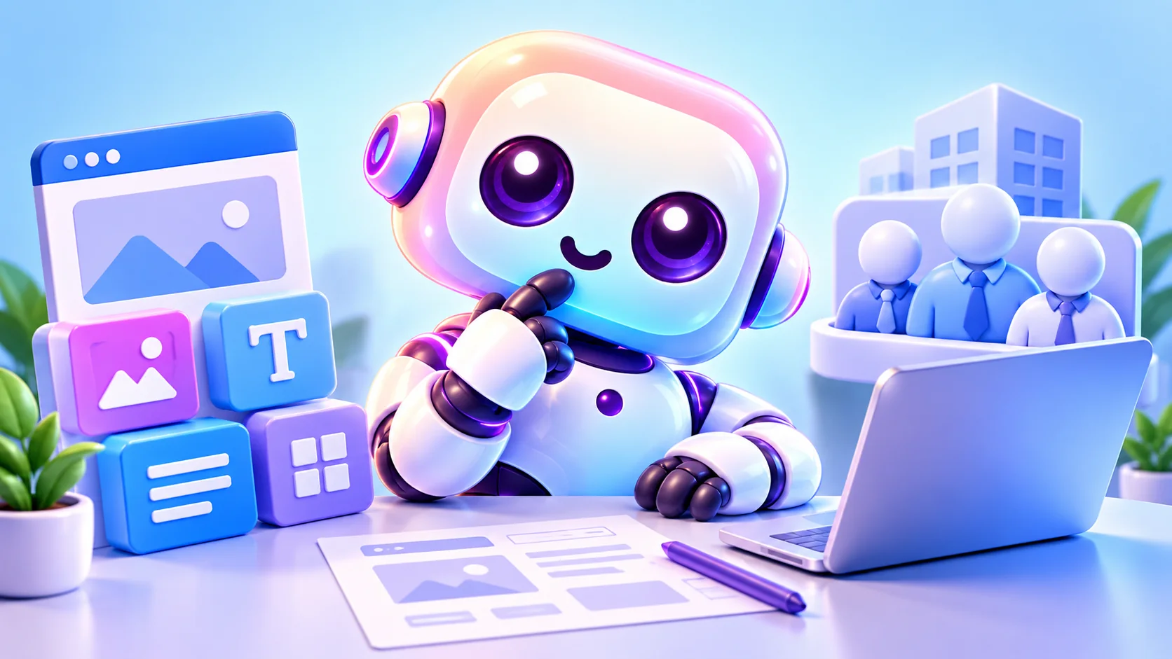 BIMO, der BMChatAi-Roboter, plant eine Website mit Seitenbausteinen und einem Laptop