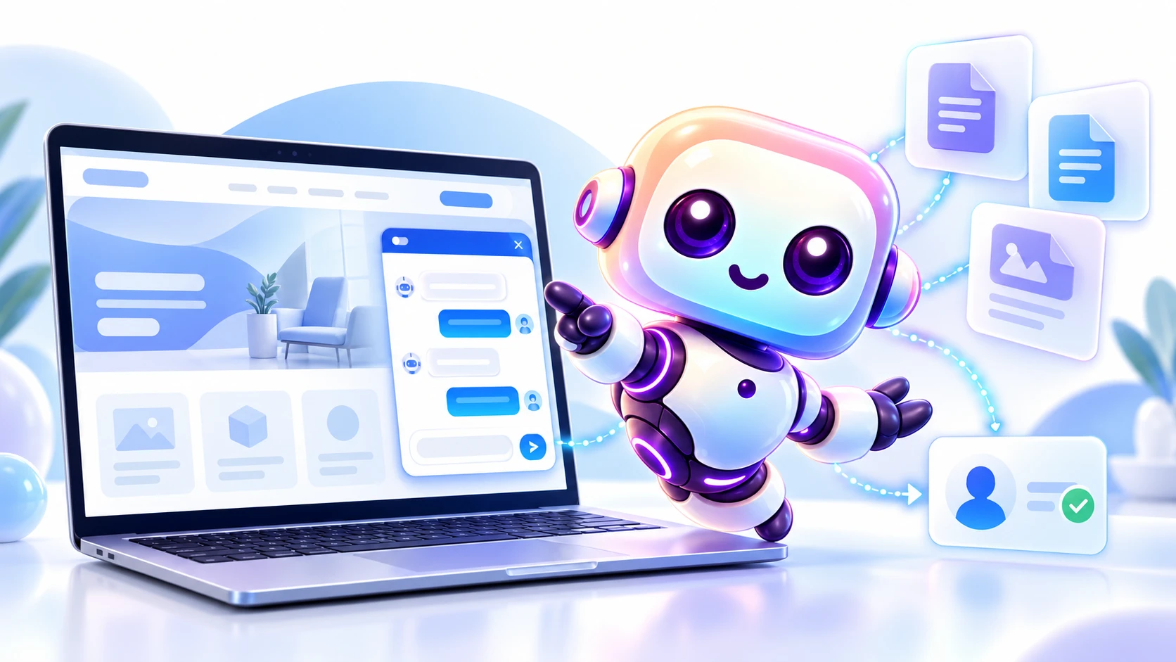 BIMO, der BMChatAi-Roboter, zeigt auf ein Chatfenster auf einer Website und leitet eine Anfrage aus Dokumenten an einen Ansprechpartner weiter
