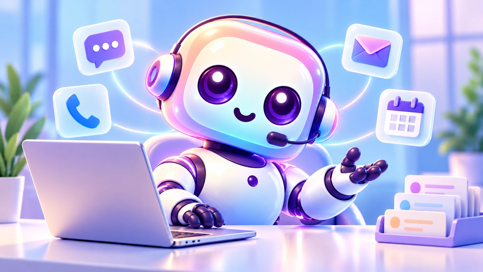 BIMO, der BMChatAi-Roboter, beantwortet mit Headset Kundenanfragen per Chat, Telefon, E-Mail und Terminkalender