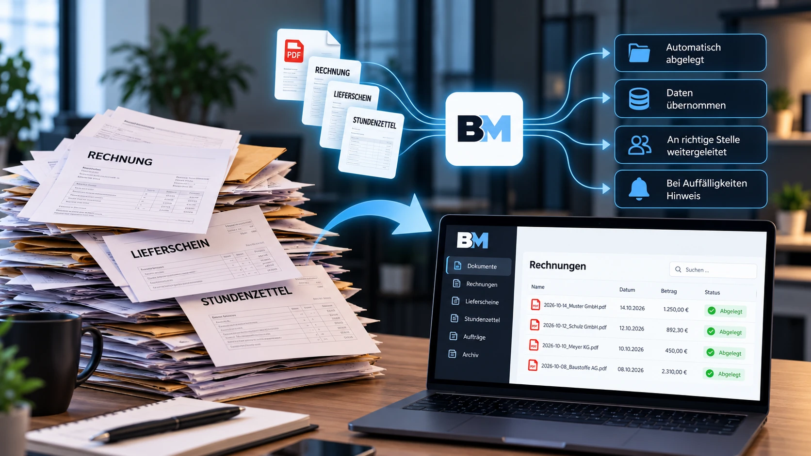 Papierkram im Büro automatisieren: Rechnungen, Lieferscheine und Stundenzettel werden automatisch ausgelesen, abgelegt und an die richtige Stelle weitergeleitet