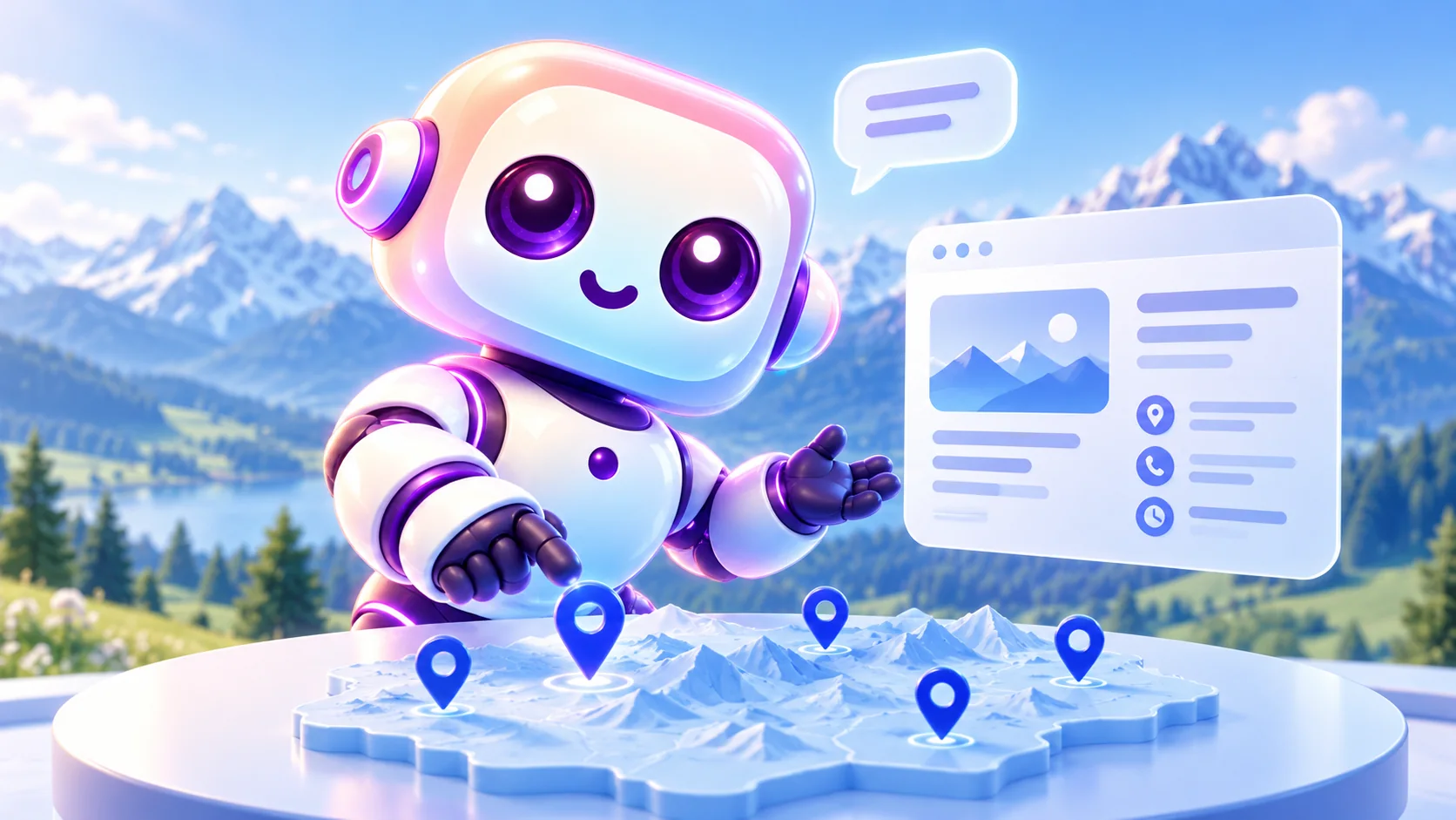 BIMO, der BMChatAi-Roboter, zeigt eine symbolische Regionalkarte mit Standortmarkierungen und einer Website vor einer Alpenkulisse