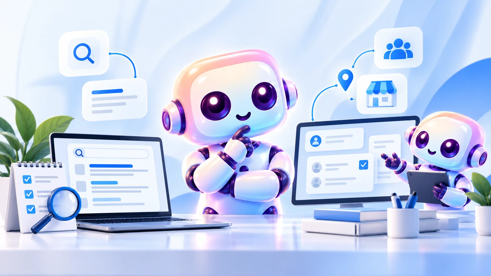 Illustration: BIMO vergleicht die eigene SEO-Arbeit am Laptop mit der Zusammenarbeit an einem gemeinsamen Aufgabenplan