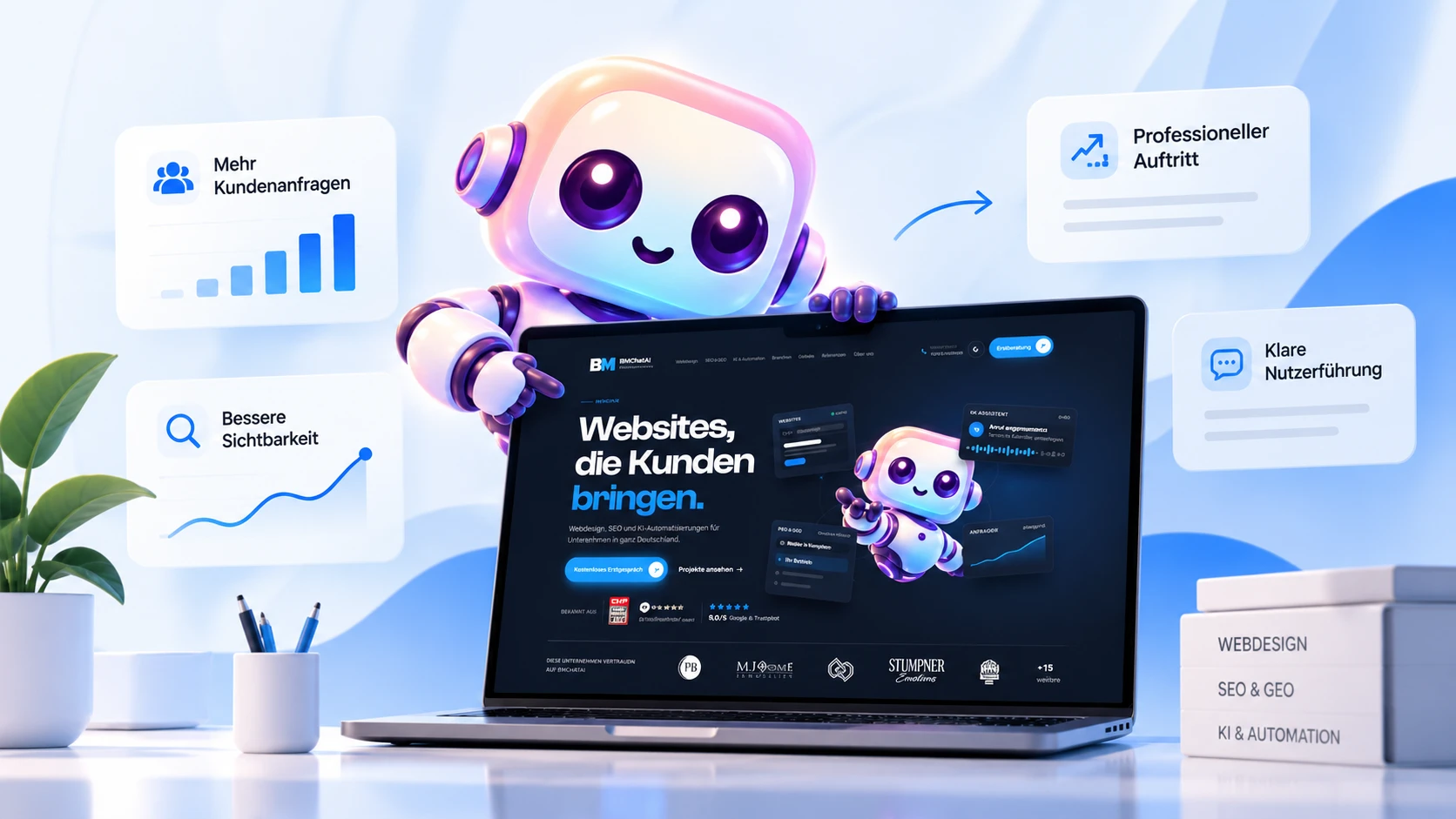 Website erstellen lassen: Laptop mit der BMChatAi-Website, daneben die Ziele mehr Kundenanfragen, bessere Sichtbarkeit, professioneller Auftritt und klare Nutzerführung