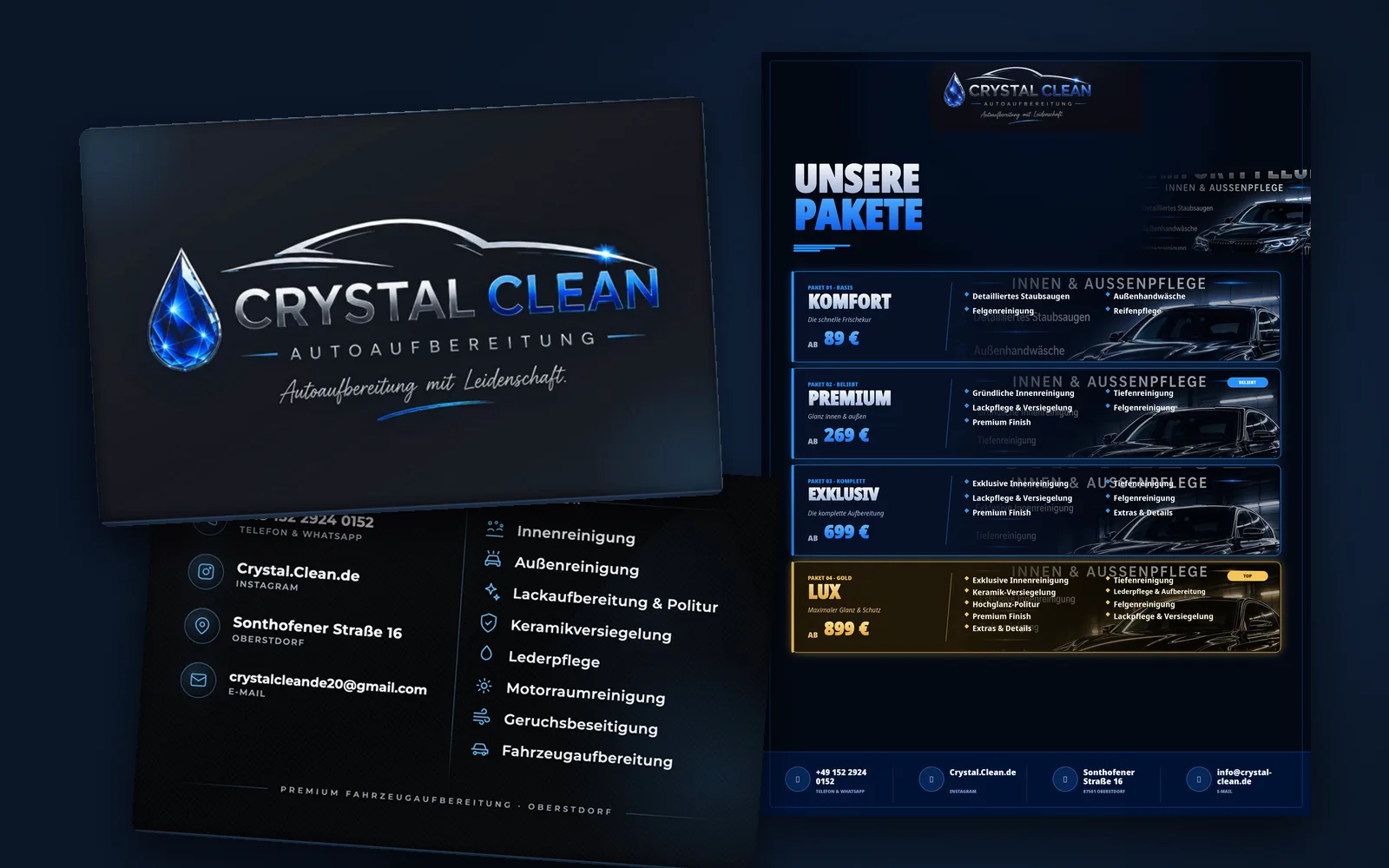 Visitenkarte und Flyer für Crystal Clean Fahrzeugaufbereitung