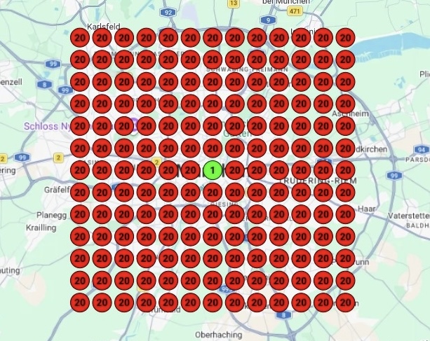 Geo-Grid-Auswertung vor der Optimierung: fast alle Messpunkte im Umkreis zeigen Rang 20 in der lokalen Google-Suche